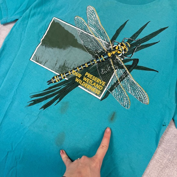 Vintage Nature Shirt Mens Large Teal Preserve Our Wetland Wilderness Dragonfly - Picture 3 of 14